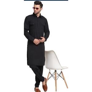 Pakistani Cotton Pathani Kurta Salwar pant Men’s Shirt Tunic Camisa Solid Black